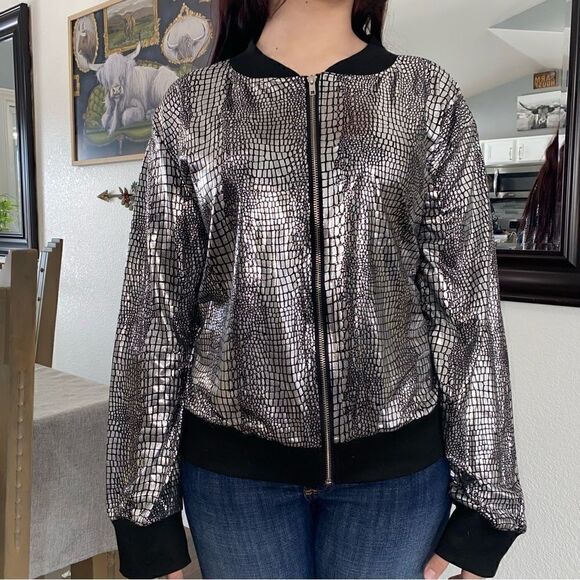 Shein Curve Womens Snakeskin Metallic Long Sleeve Full Zip Jacket Silver 4XL - Picture 6 of 10